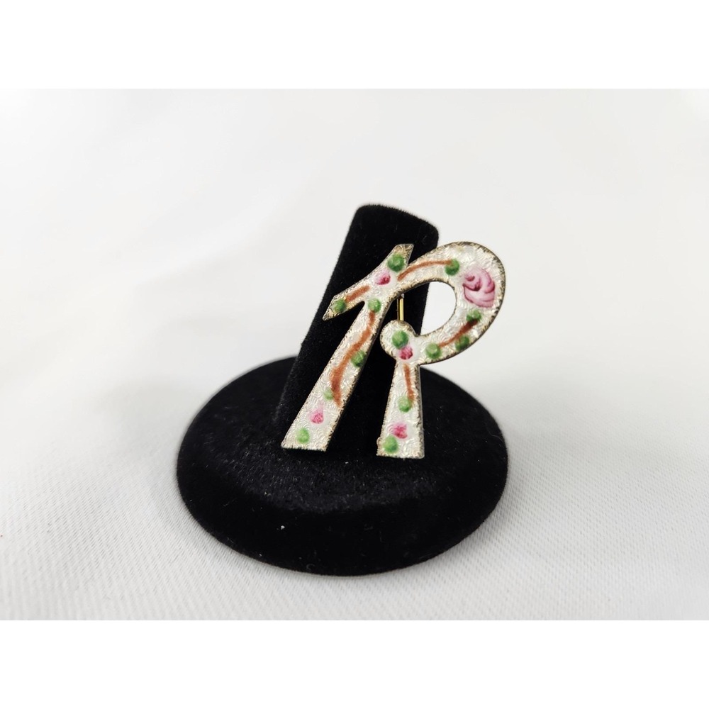 Vintage R Initial Guilloche Letter Brooch Pink Roses Vine Gold Tone Enamel Pin